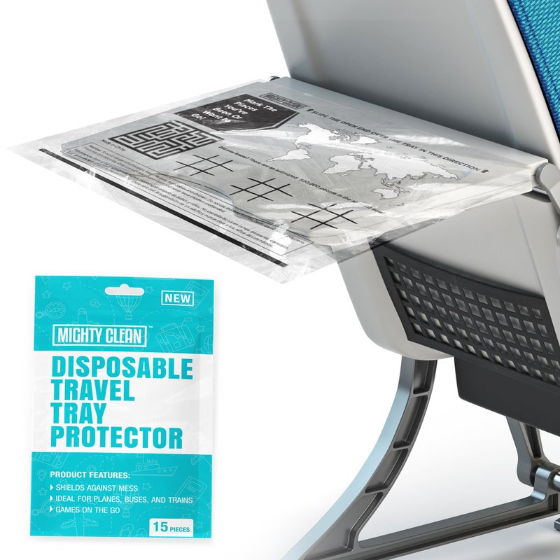 Mighty Clean 15 Disposable Travel Tray Protectors by Mighty Clean │ Airplane Travel Essentials for Toddler, Kids, and Adults │ Must Have for Flying │ Provides a Clean Surface and Entertainment │ 15 Pack - Image 1